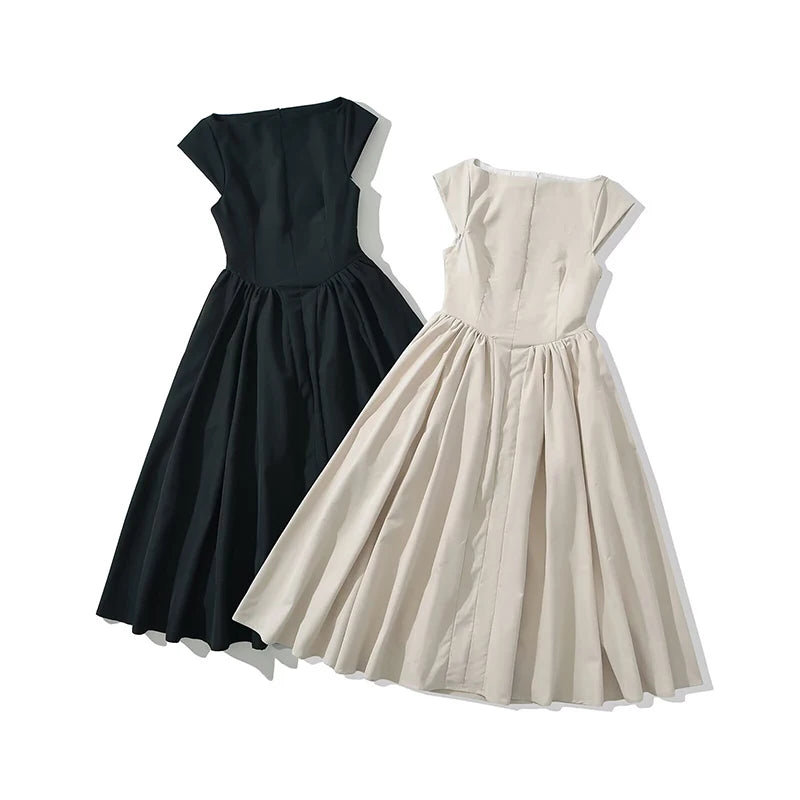 Backless Pleated Low-Waist A-Line Midi Dress