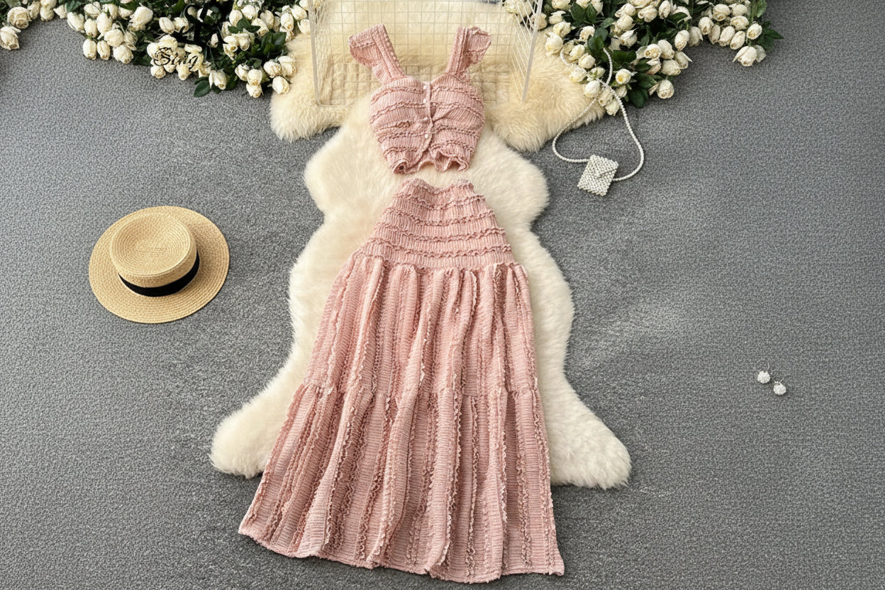 allvariants:: Pink lace dress on a hanger with decorative elements on a gray surface