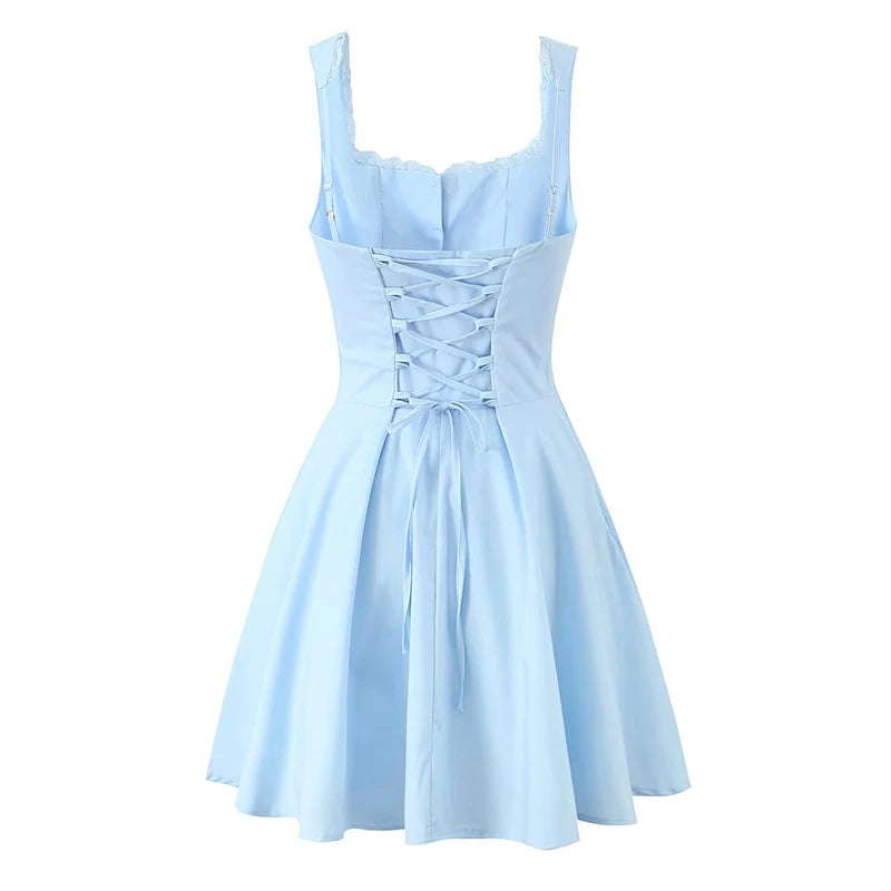 blue::Light blue dress with lace-up front on a white background