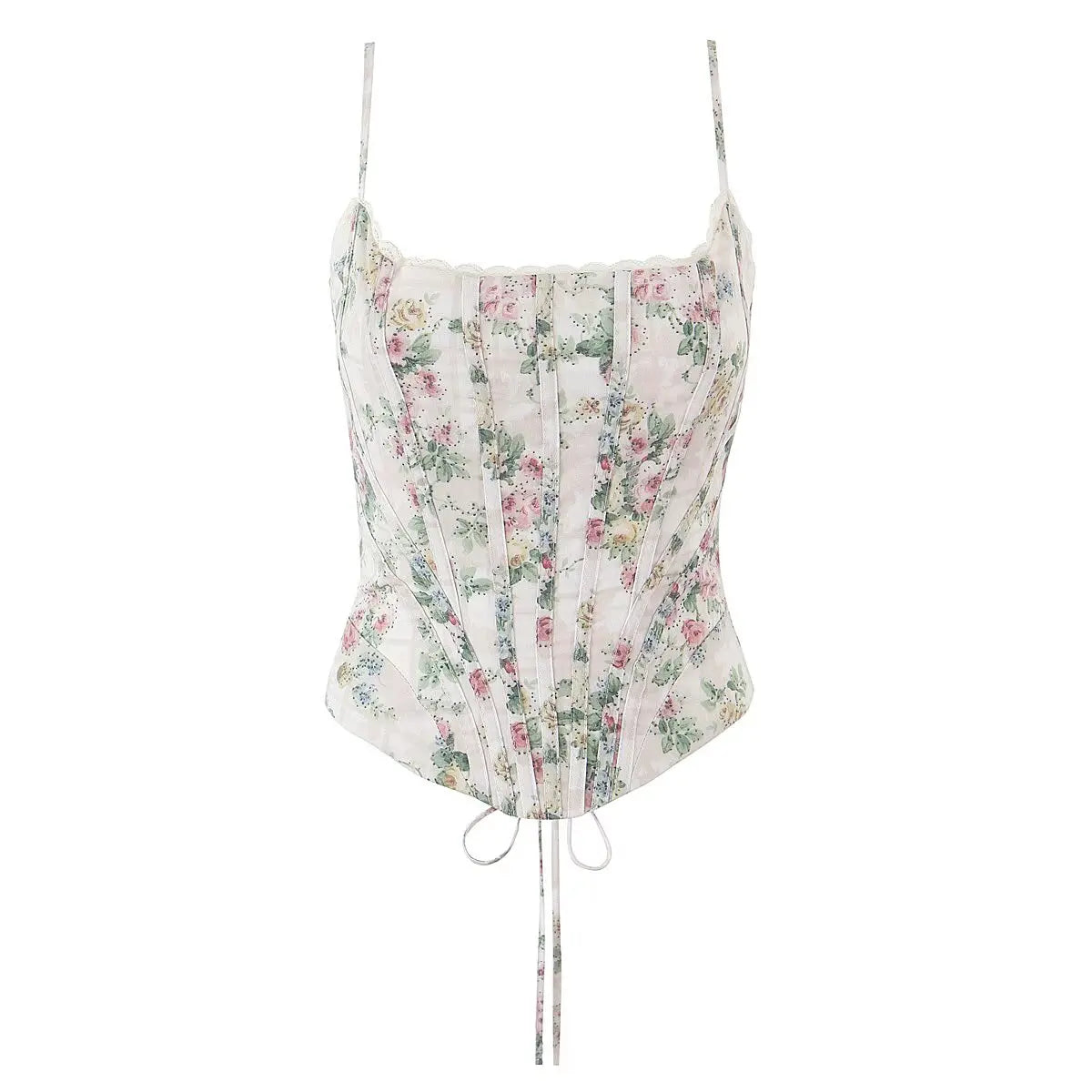 Floral Lace Spliced Bandage-Back Camisole Crop Top