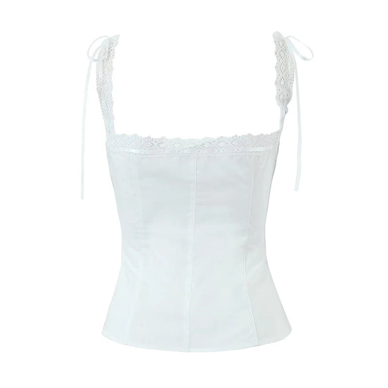 Lace Trim Bow-Front White Crop Tank