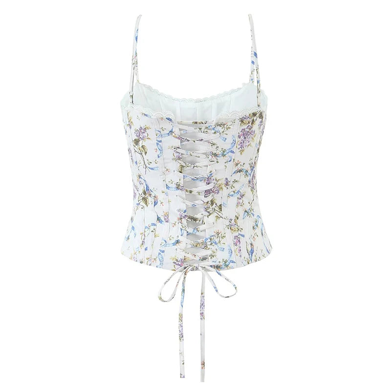 white::Floral lace-up top on a white background