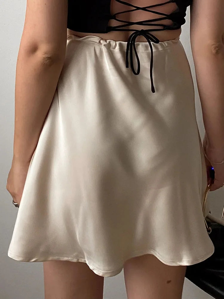 High Waist Drawstring Satin Mini Skirt Summer