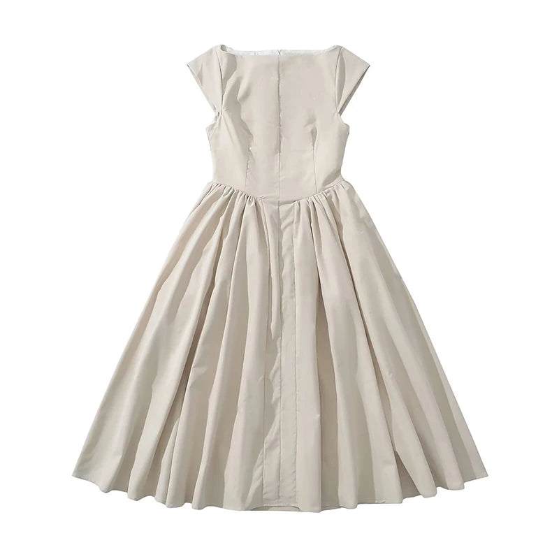 Backless Pleated Low-Waist A-Line Midi Dress