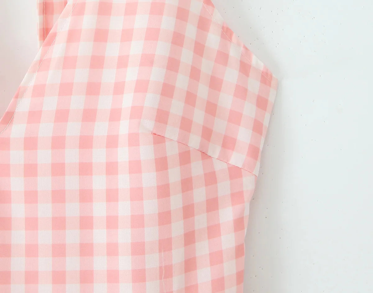 Pink Plaid Backless Halter Low-Waist Mini Dress