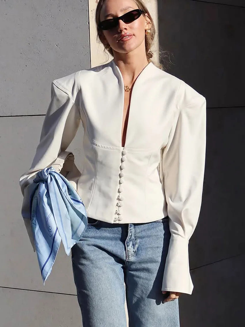 Slim V-Neck White Jacket