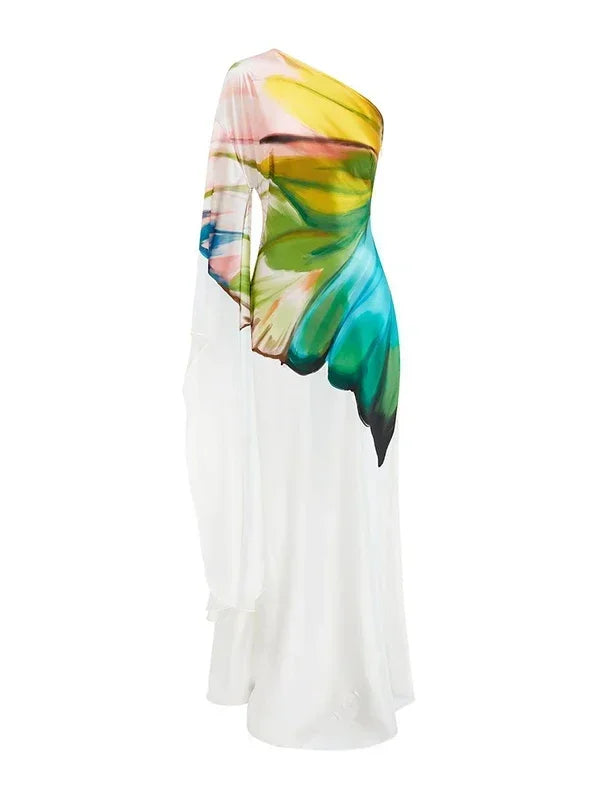 One-Shoulder Floral Asymmetric Maxi Dress