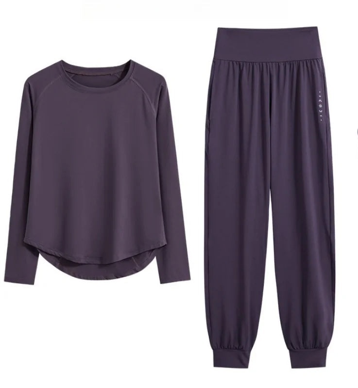 Two-Piece Yoga Set Long Sleeve Top & High Waist Pants