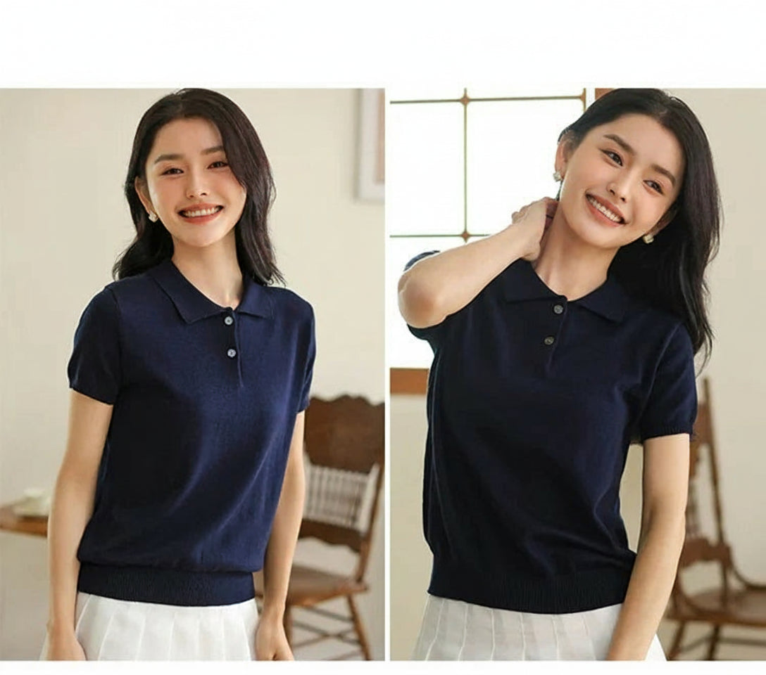 dark blue:: Woman wearing a navy blue polo shirt in two different lighting conditions.