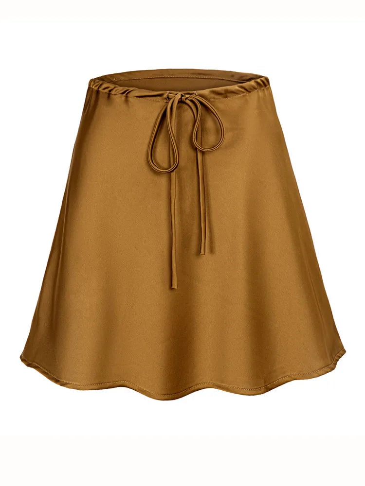 High Waist Drawstring Satin Mini Skirt Summer
