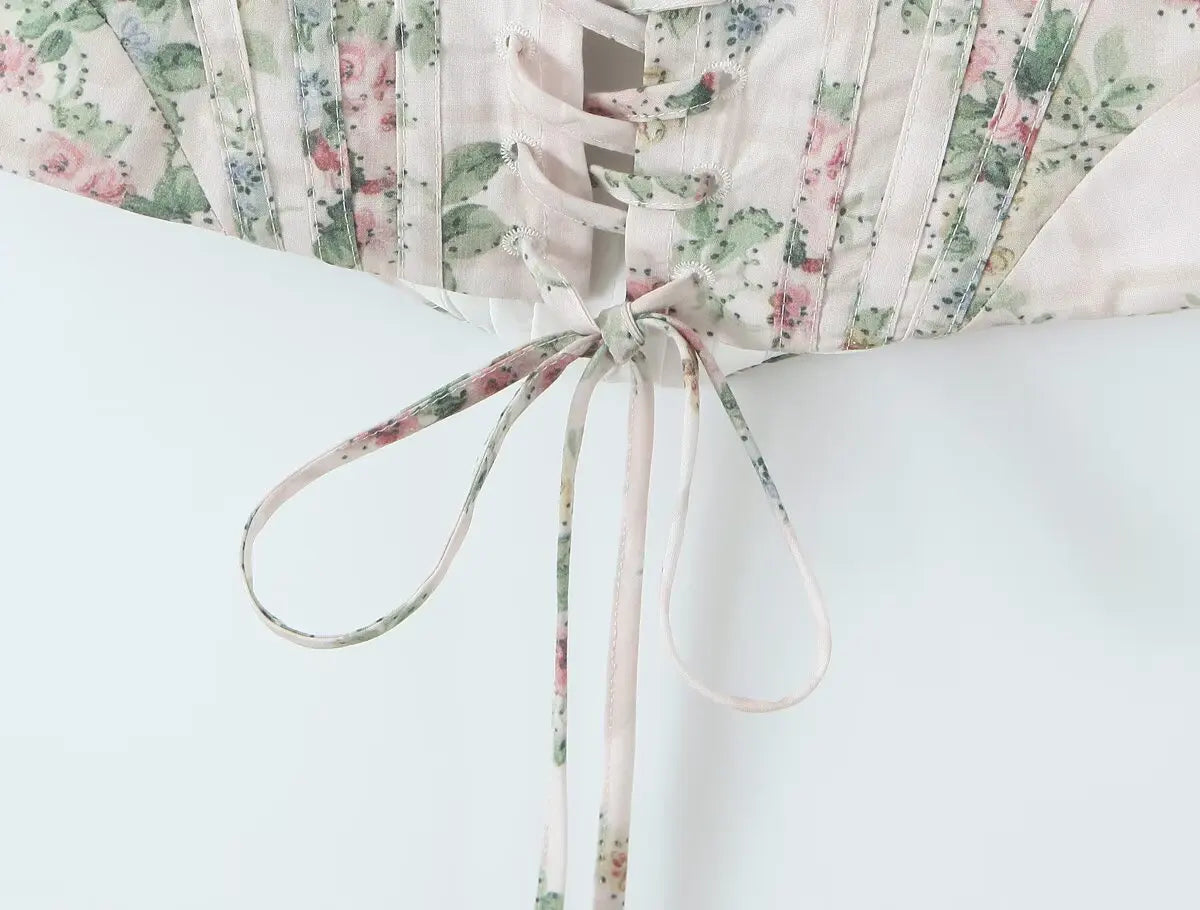 Floral Lace Spliced Bandage-Back Camisole Crop Top