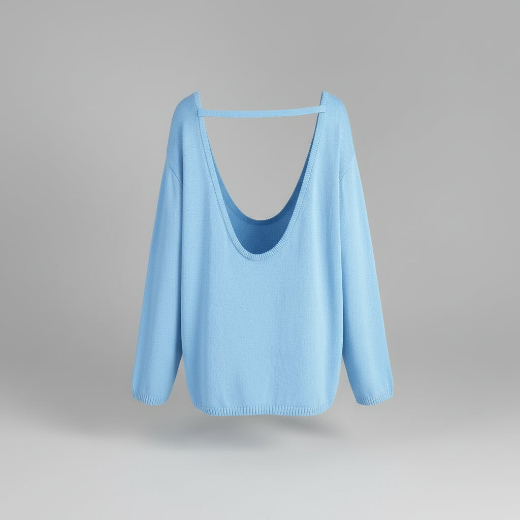 Blue:: Light blue sweater on a mannequin against a gray background