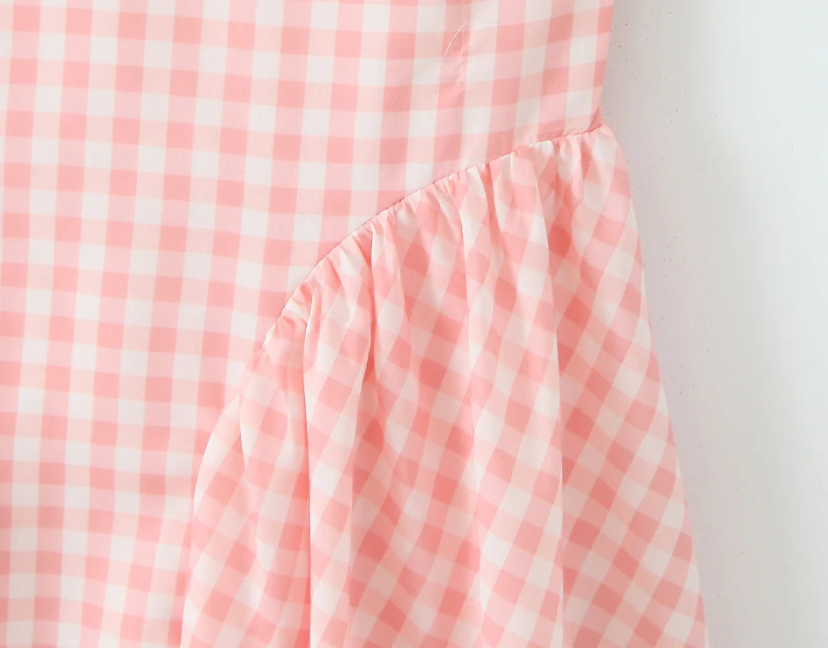 Pink Plaid Backless Halter Low-Waist Mini Dress