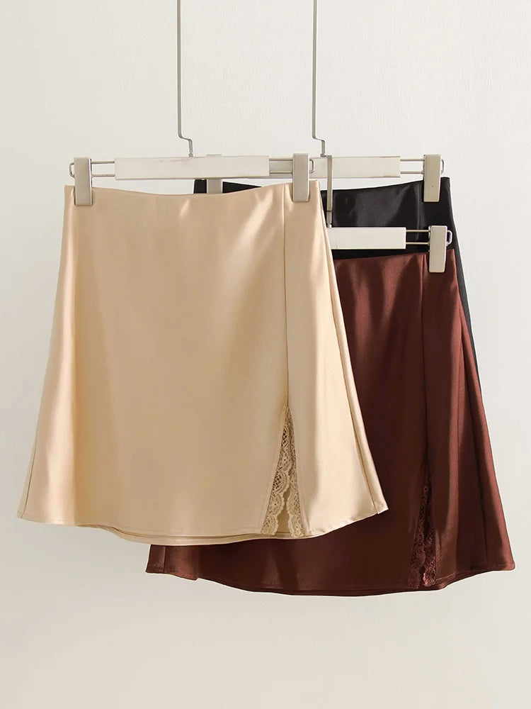 Lace Patchwork Satin Mini Skirt