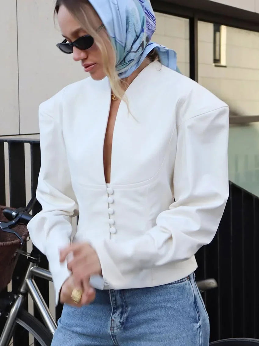 Slim V-Neck White Jacket