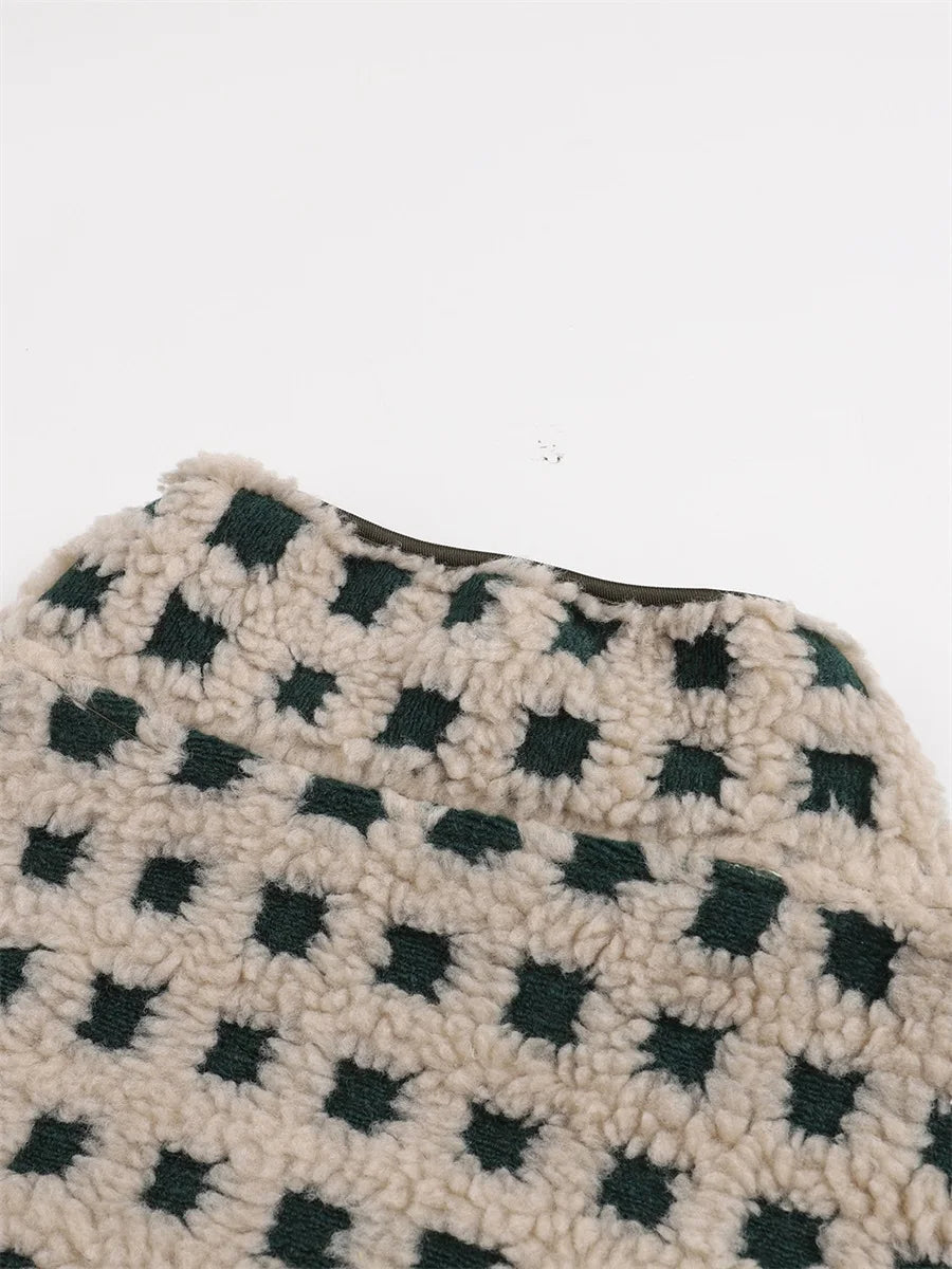 Women’s Fuzzy Checkered Zip-Up Vest