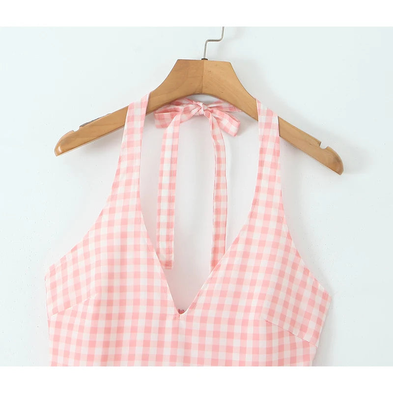 Pink Plaid Backless Halter Low-Waist Mini Dress