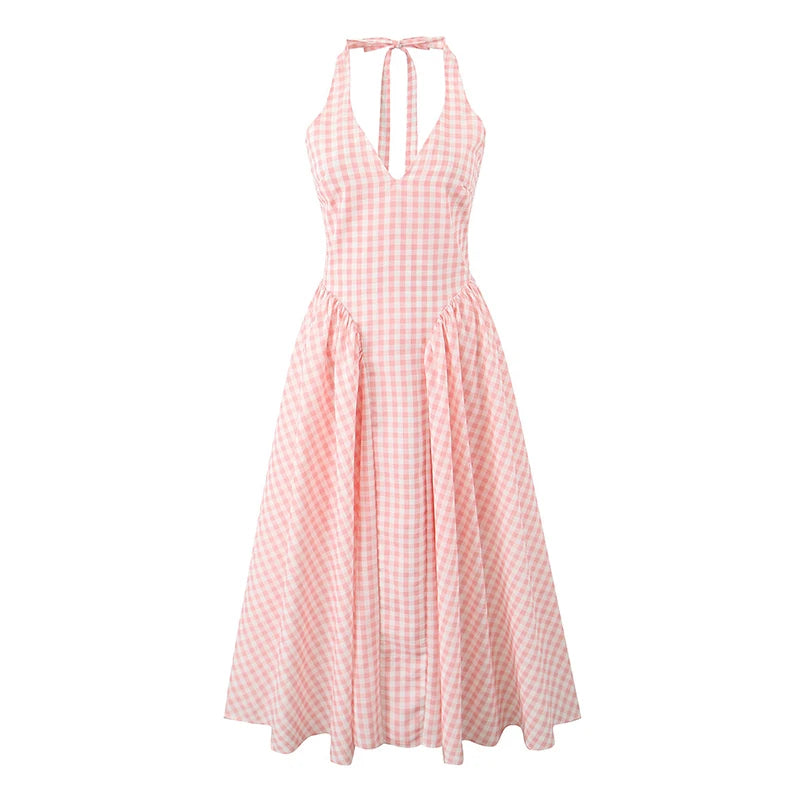 Pink Plaid Backless Halter Low-Waist Mini Dress
