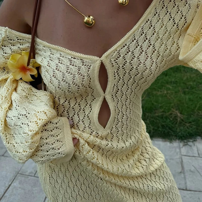 Hollow Knit Plaid Mini Dress