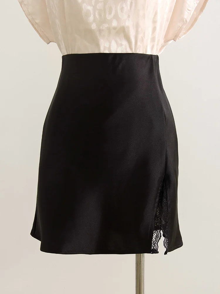 Lace Patchwork Satin Mini Skirt