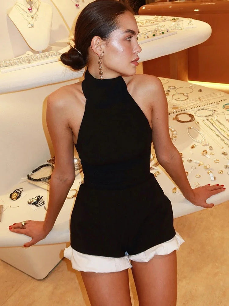 Off-Shoulder Ruffled Patchwork Romper