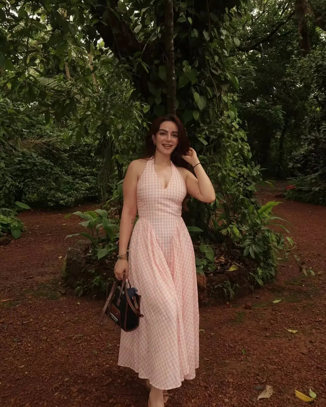 Pink Plaid Backless Halter Low-Waist Mini Dress