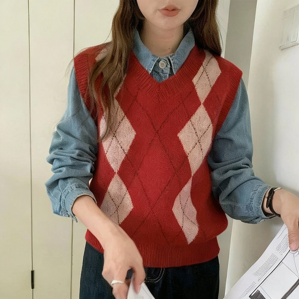 Red:: Person wearing a red argyle sweater vest over a blue shirt, holding papers.
