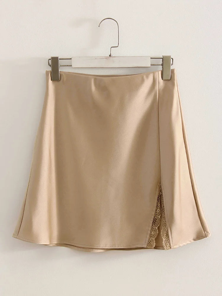 Lace Patchwork Satin Mini Skirt