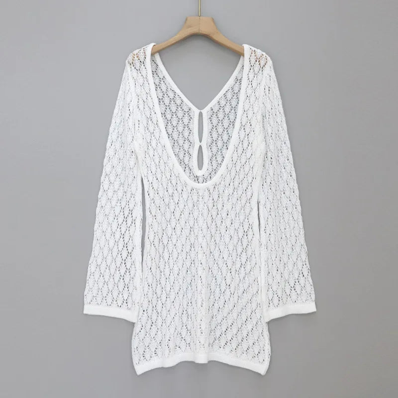 Hollow Knit Plaid Mini Dress