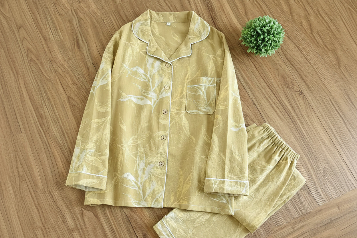 allvariants:: Beige pajama set on a wooden surface with a book and small plant.