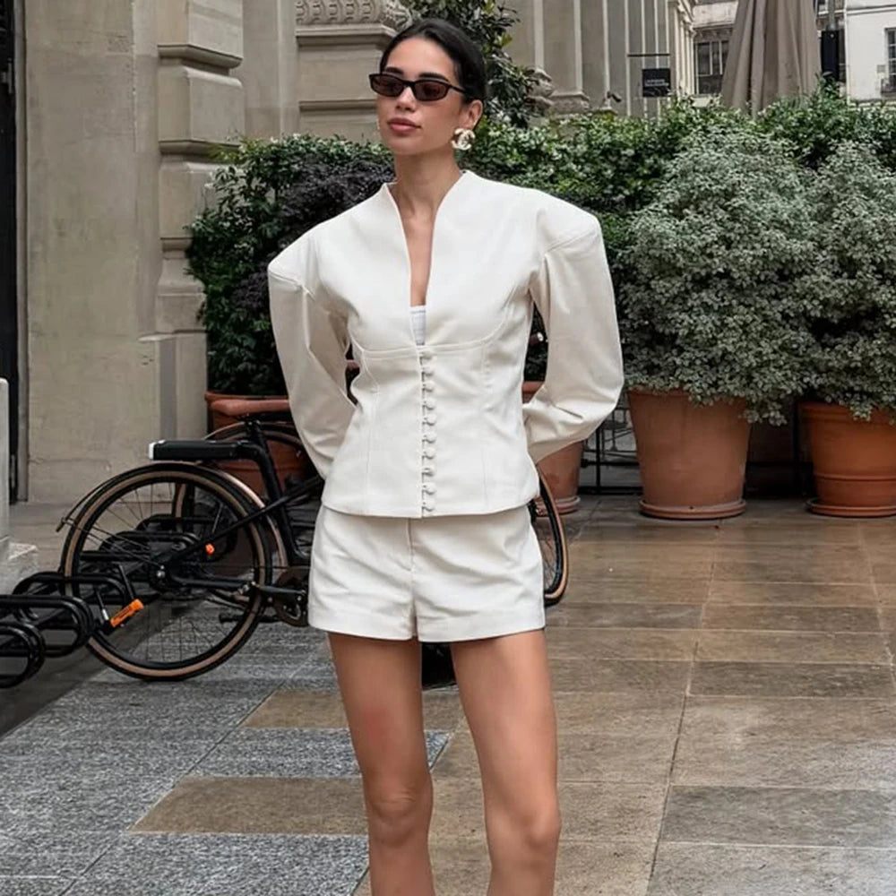 Slim V-Neck White Jacket