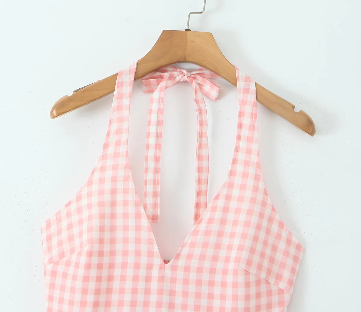 Pink Plaid Backless Halter Low-Waist Mini Dress