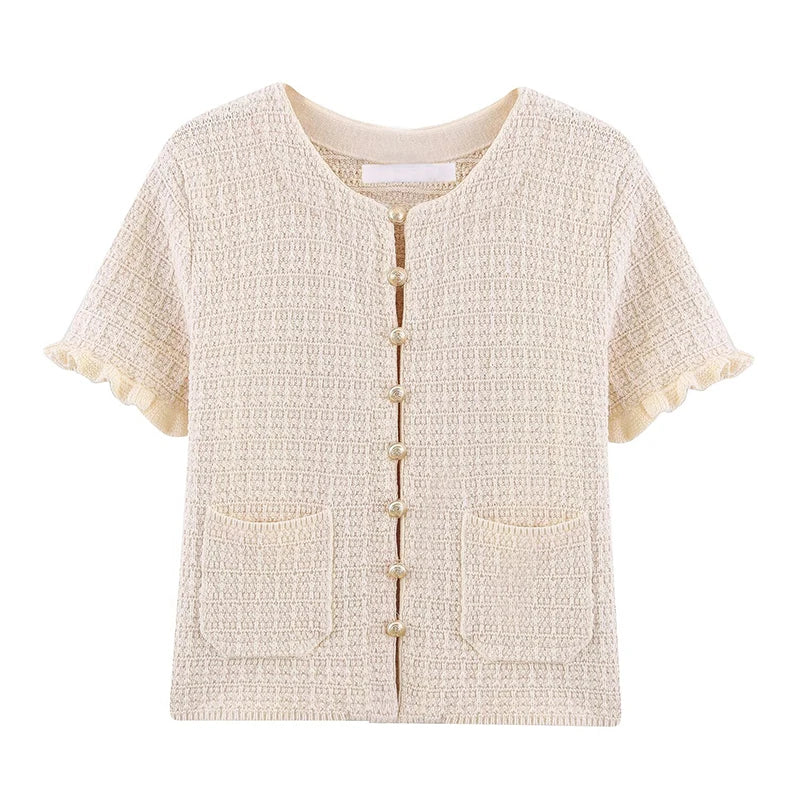 Short-Sleeve Knit Button Cardigan