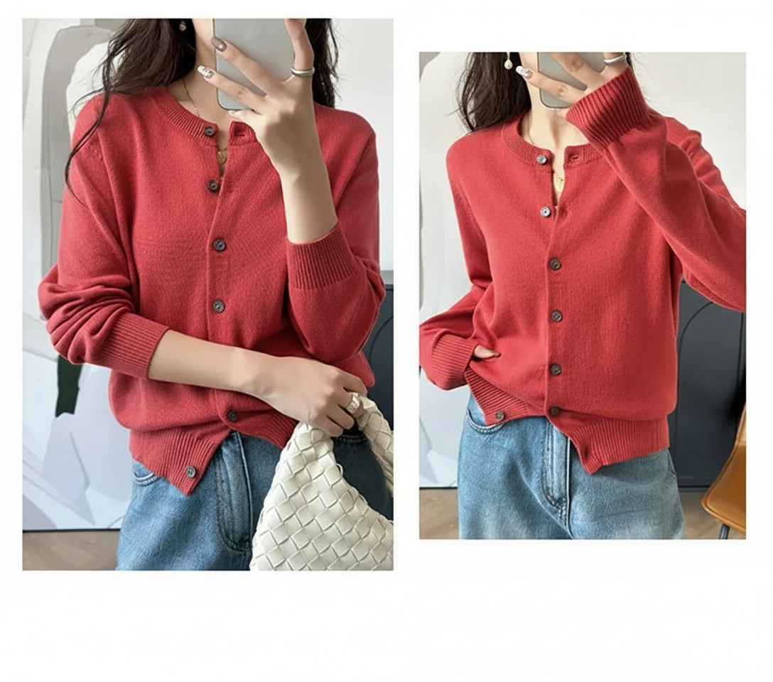 Red:: Red cardigan worn by a person with a white background