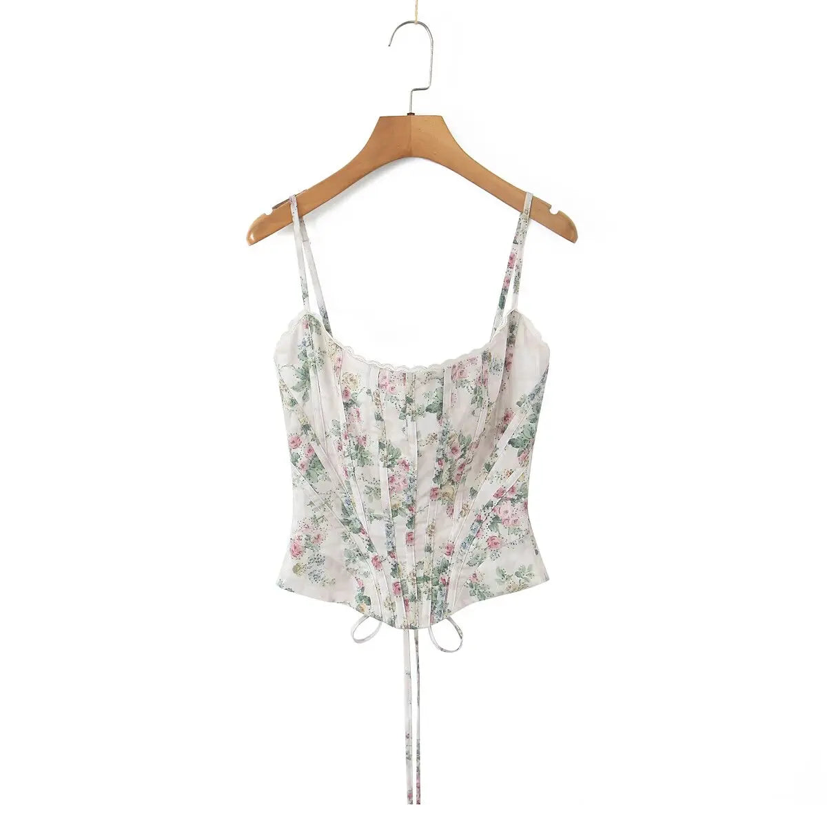 cream::Floral print top on a wooden hanger against a white background