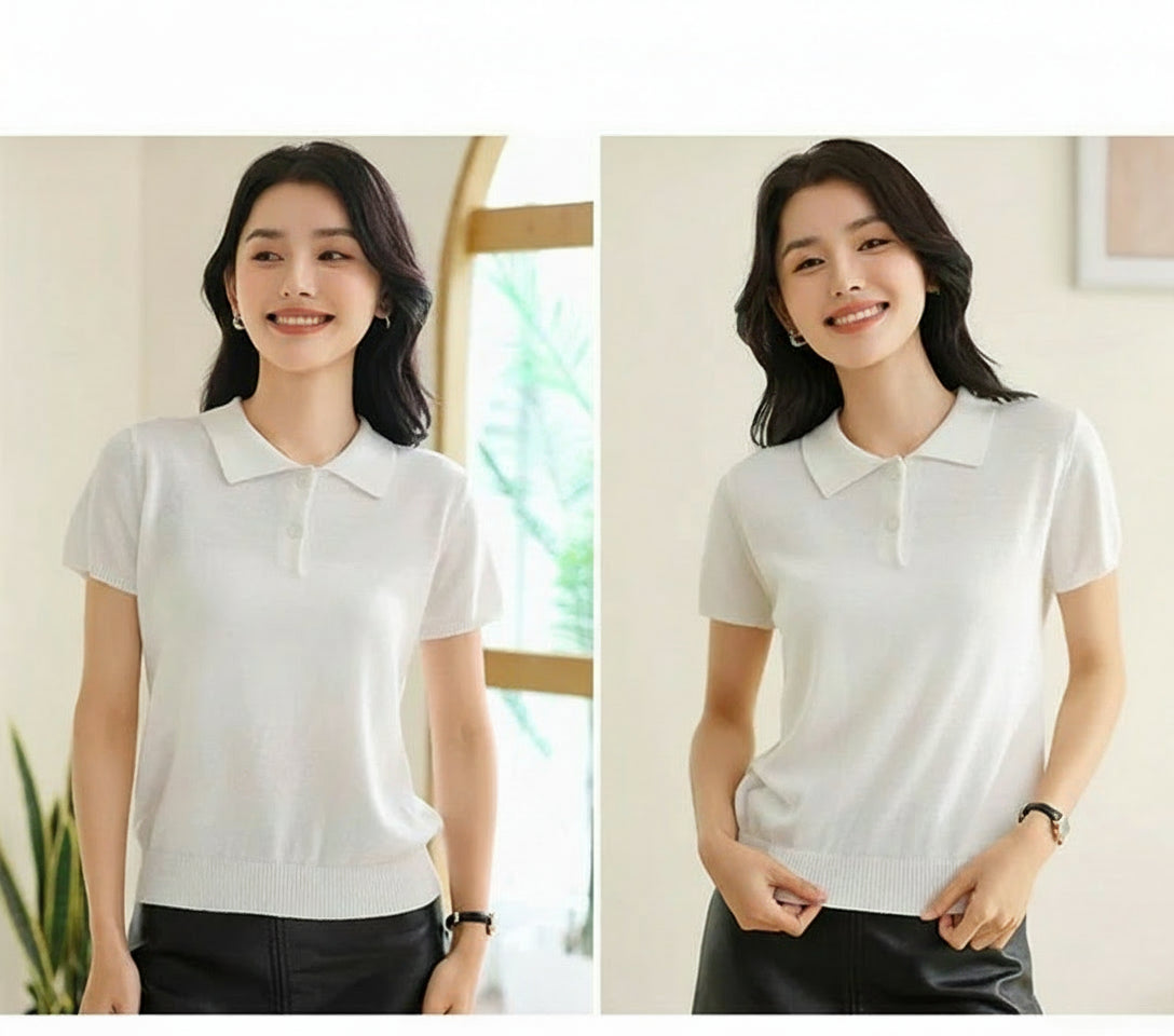 White:: Two side-by-side images of a woman wearing a white polo shirt, labeled 'WARM' and 'SOFT'.