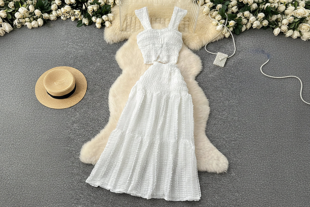 allvariants:: White textured dress on a hanger with floral decorations in the background