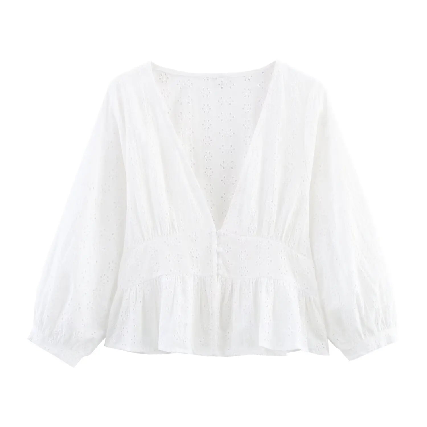 Openwork Embroidered White V-Neck Shirt