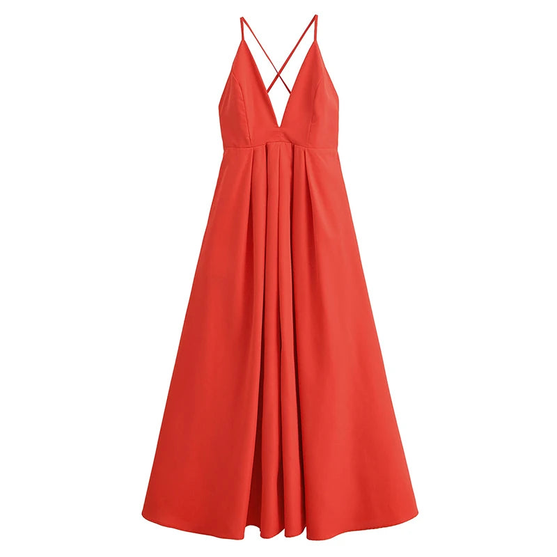 Red Backless Halter Pleated A-Line Maxi Dress