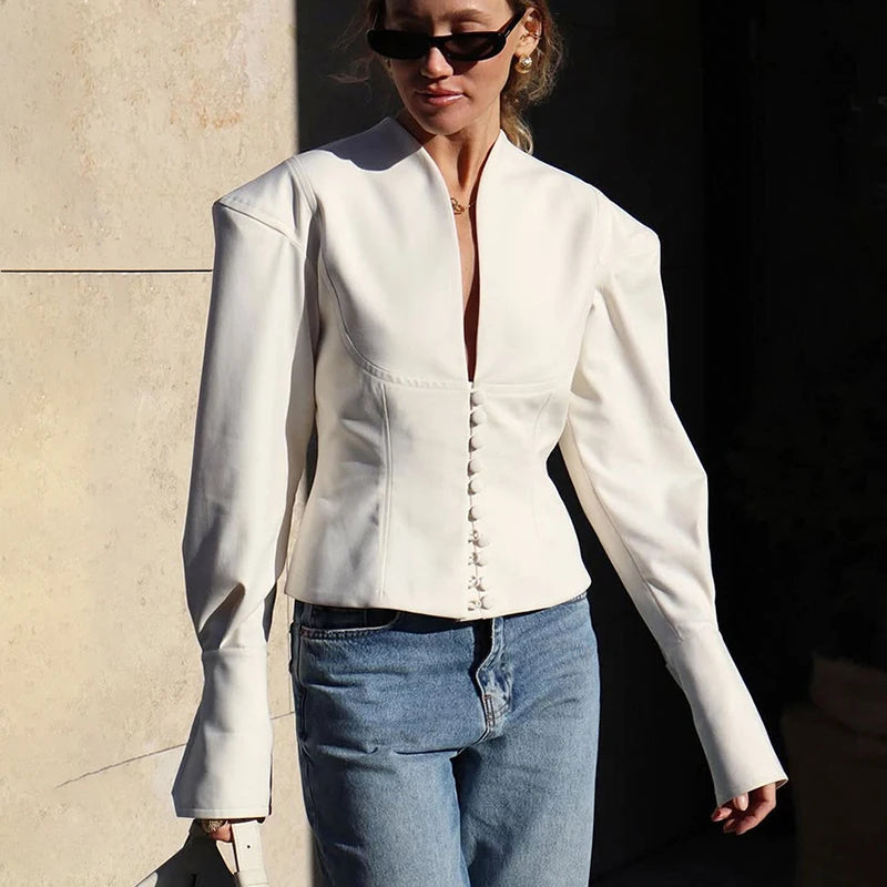 Slim V-Neck White Jacket