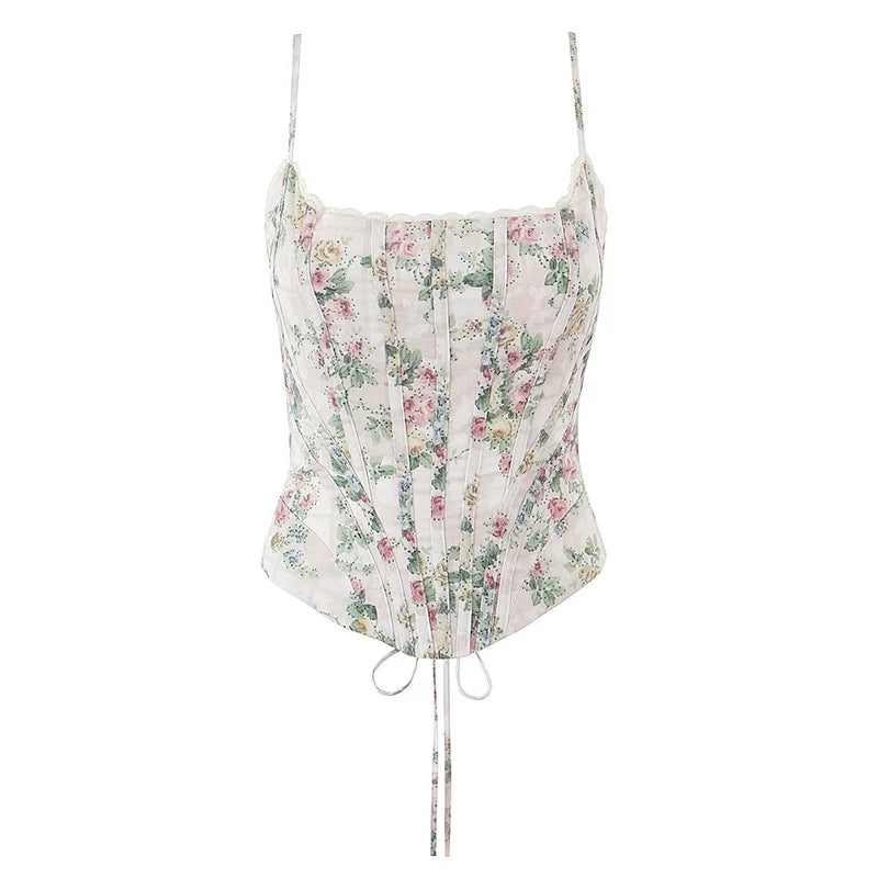 cream::Floral print corset top on a white background