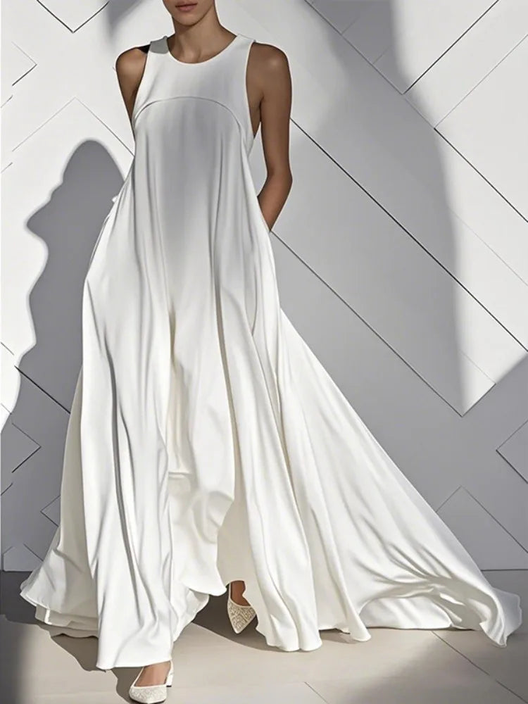 White Sleeveless Pleated Maxi Dress