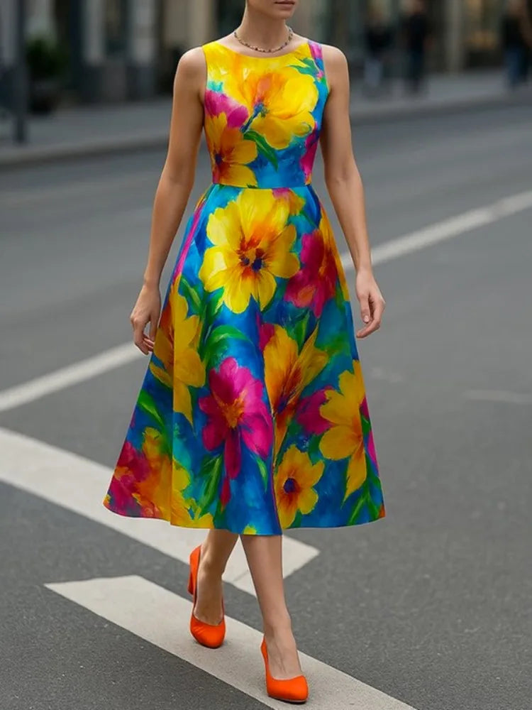 Summer Floral Contrast A-Line Midi Dress