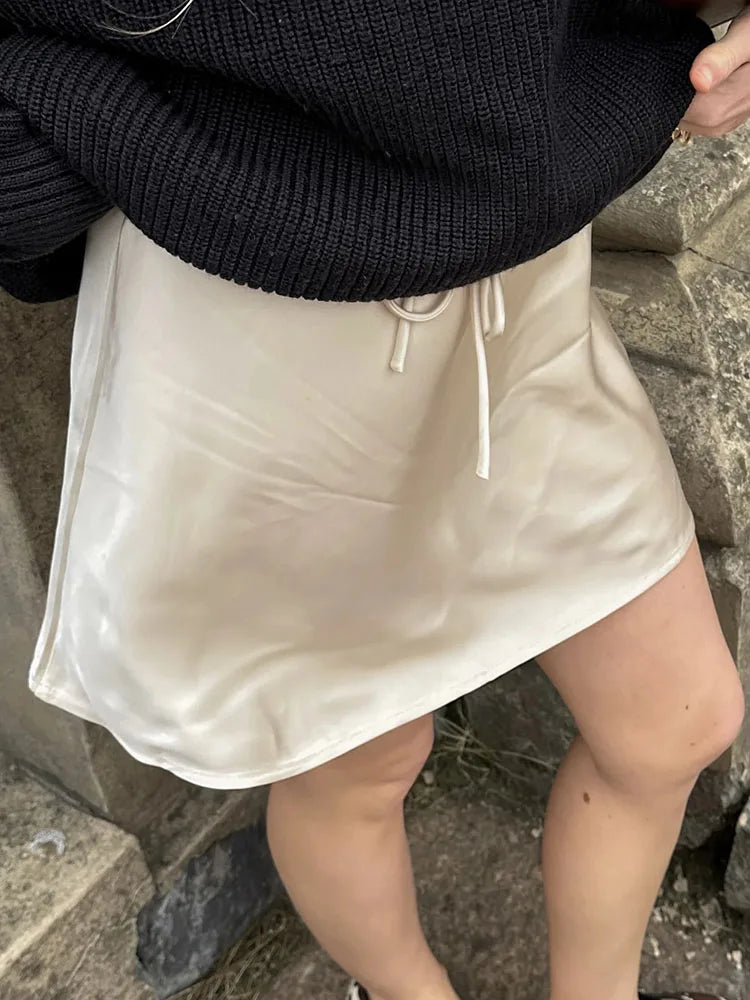 High Waist Drawstring Satin Mini Skirt Summer