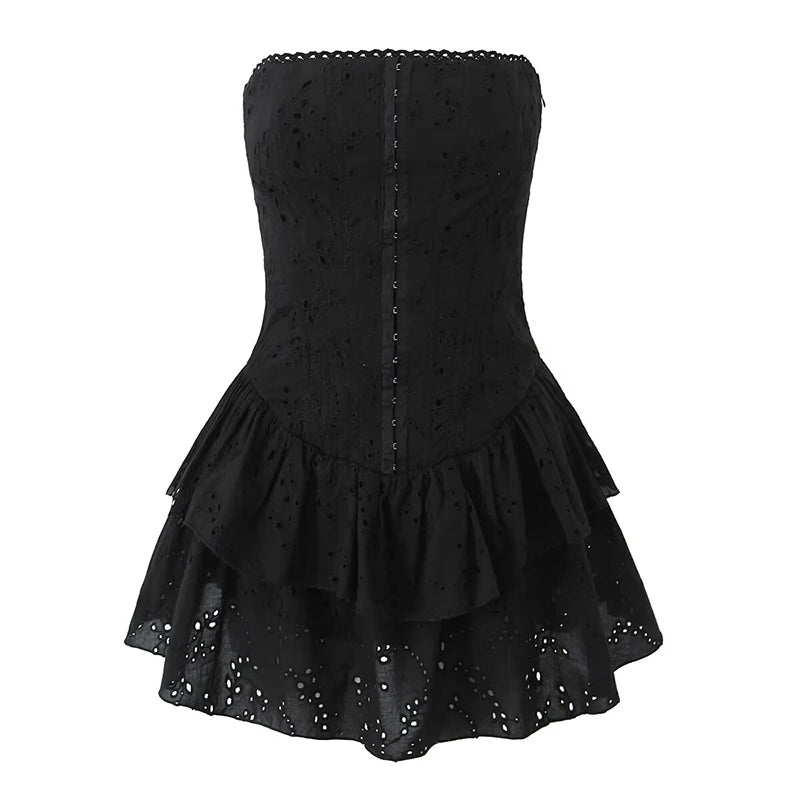 Hollow Out Embroidered Strapless Fit-and-Flare Mini Dress