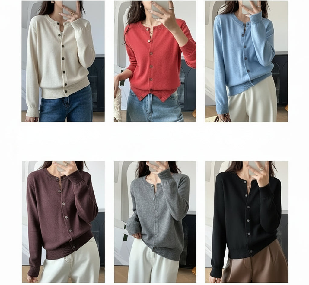 allvariants:: Six different colored cardigans shown on a person, with labels indicating color names.