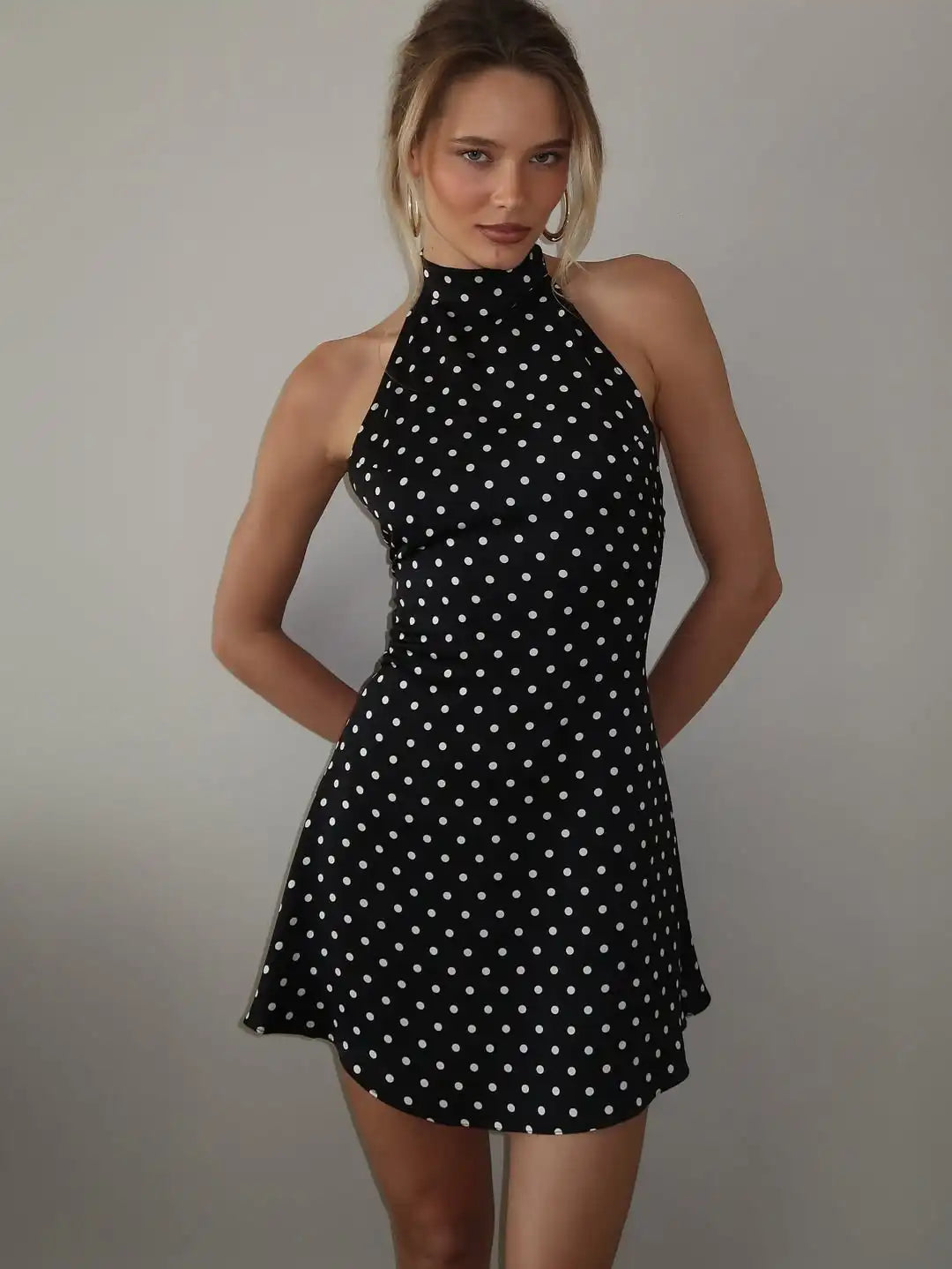 Polka Dot Off-Shoulder Backless Halter Mini Dress