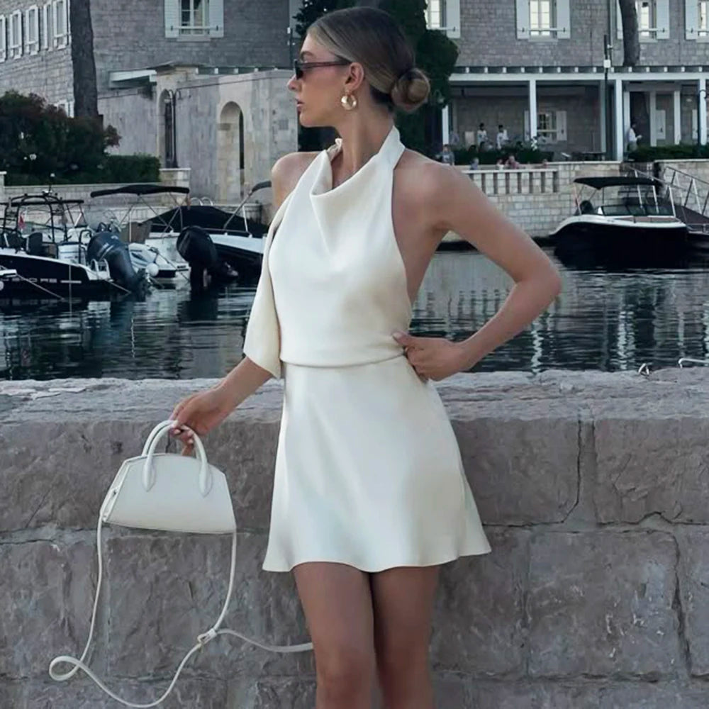 White Satin Backless A-Line Dress