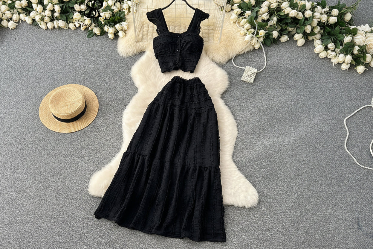 allvariants:: Black crop top and long skirt set on a hanger with decorative background