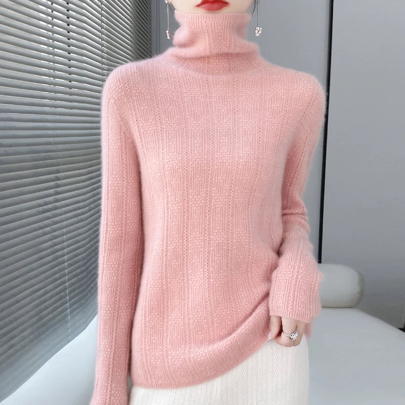 allvariants:: Person wearing a pink turtleneck sweater with a neutral background